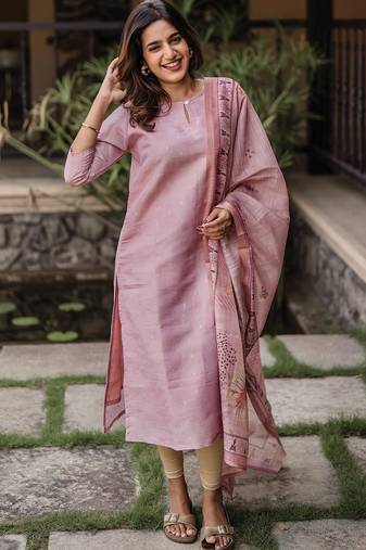 Peach color beautiful readymade dress on jacquard silk fabric for graceful girlie looks
