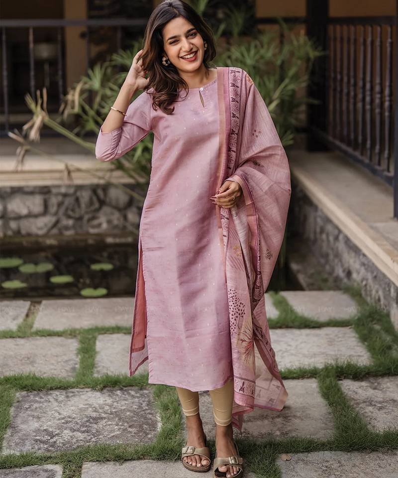 Peach color beautiful readymade dress on jacquard silk fabric for graceful girlie looks