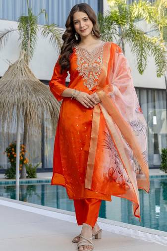 Orange color beautiful readymade dress on jacquard silk fabric for graceful girlie looks