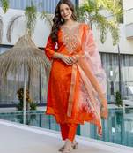 Orange color beautiful readymade dress on jacquard silk fabric for graceful girlie looks