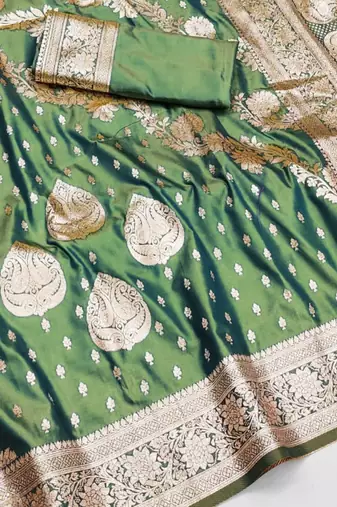 green zari woven silk blend saree with rich zari