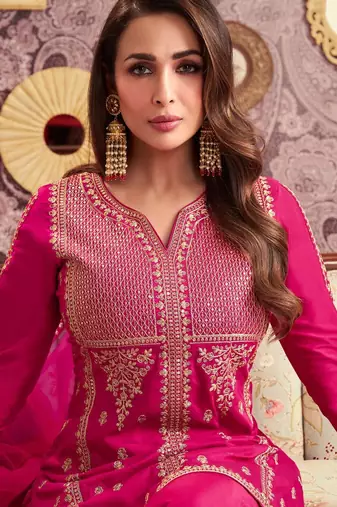 Pink color beautiful readymade dress on chanderi for graceful looks