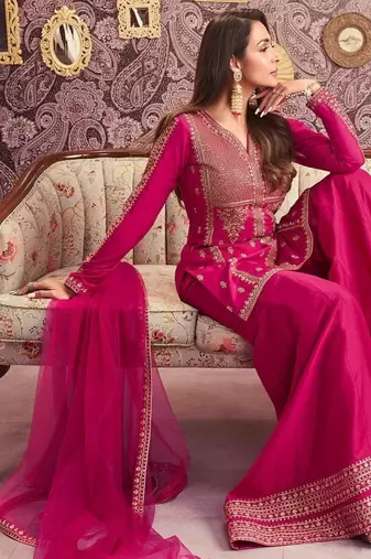 Pink color beautiful readymade dress on chanderi for graceful looks