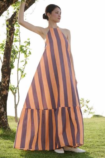 Orange color cambric cotton fabric designer partywear gown for trendy girlie looks