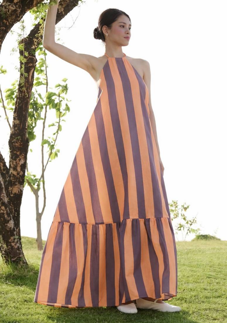 Orange color cambric cotton fabric designer partywear gown for trendy girlie looks