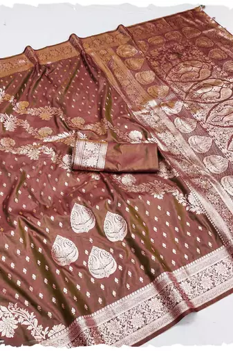 brown zari woven banarasi silk blend saree with rich zari