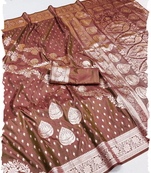 brown zari woven banarasi silk blend saree with rich zari