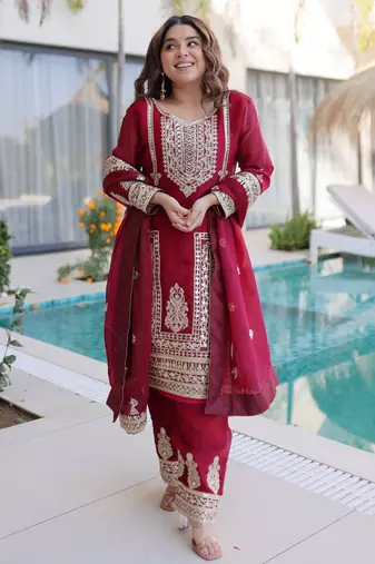 Maroon color beautiful sequins embroidered ethnic ceremonial attire