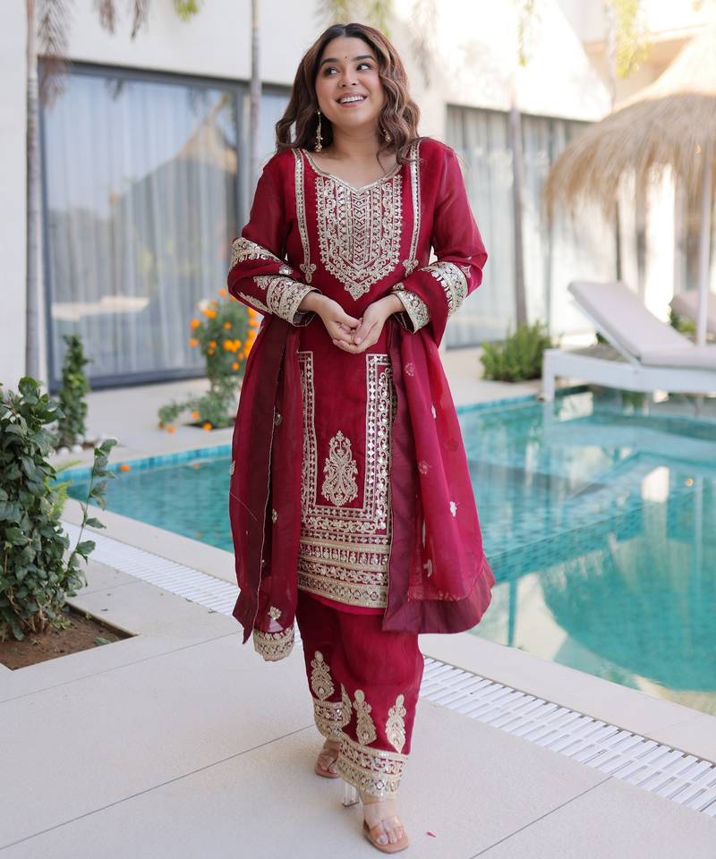 Maroon color beautiful sequins embroidered ethnic ceremonial attire