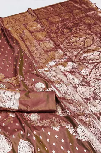brown zari woven silk blend saree with rich zari