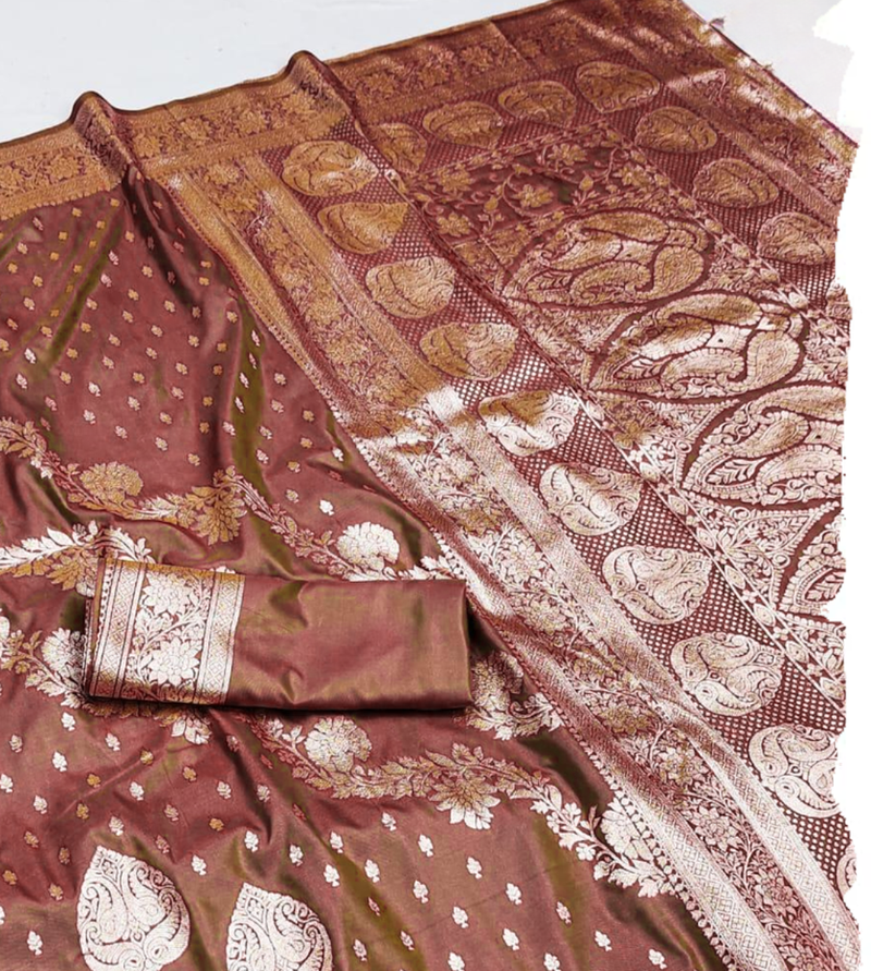 brown zari woven banarasi silk blend saree with rich zari
