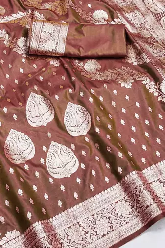 brown zari woven silk blend saree with rich zari