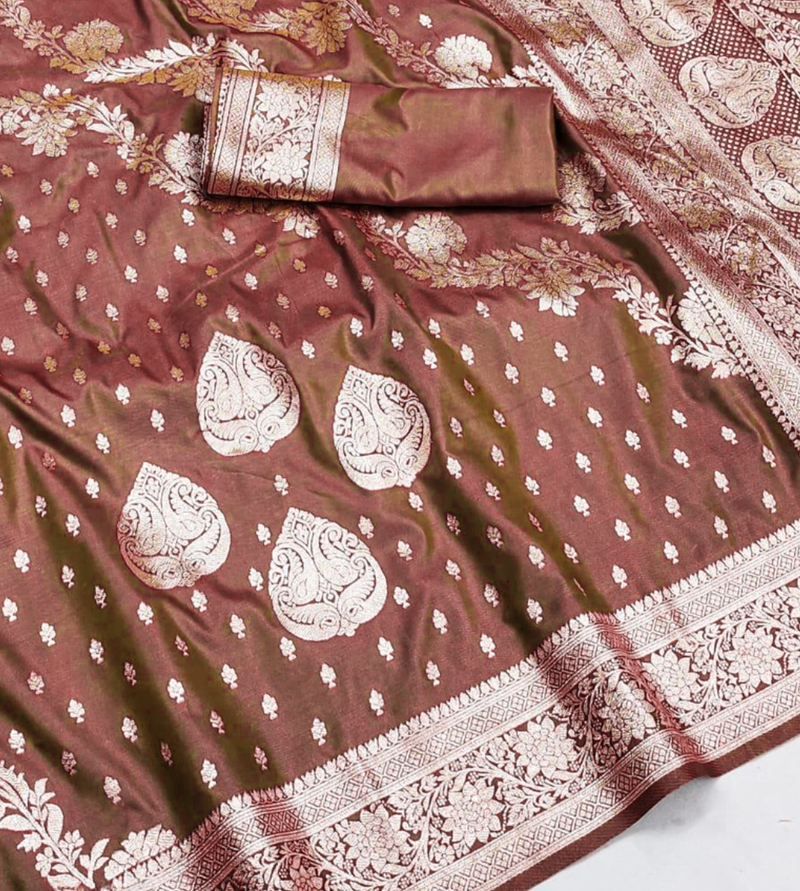 brown zari woven banarasi silk blend saree with rich zari