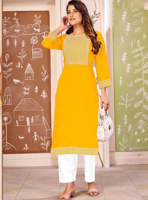 Yellow color smart rayon kurta with bottom for formal office looks 1