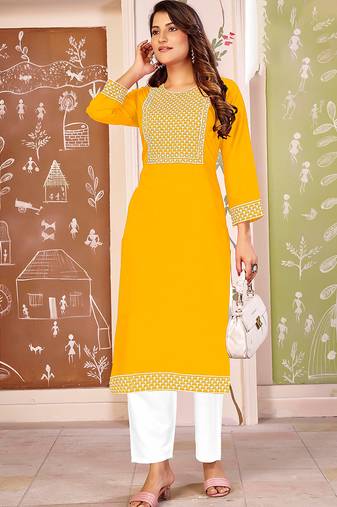 Yellow color smart rayon fabric kurta with bottom for formal office looks