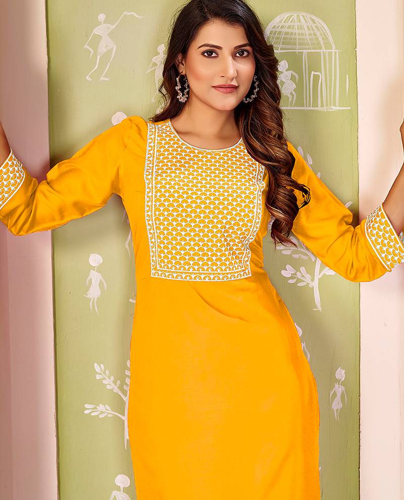 Yellow color smart rayon fabric kurta with bottom for formal office looks