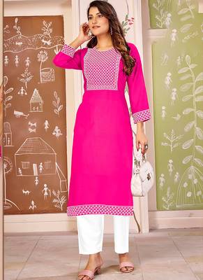 Pink color smart rayon kurta with bottom for formal office looks 1