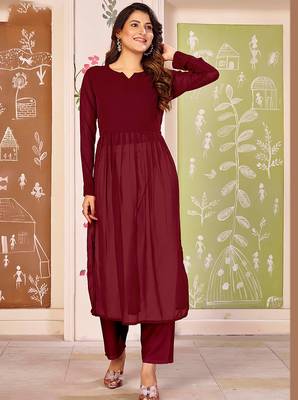 Maroon color beautiful solid printed georgette festive long kurta for girls 1