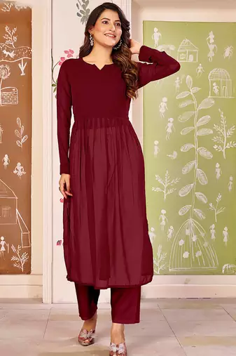 Maroon color beautiful solid printed georgette fabric festive long kurta for girls