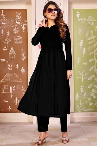 Black color beautiful solid printed georgette fabric festive long kurta for girls