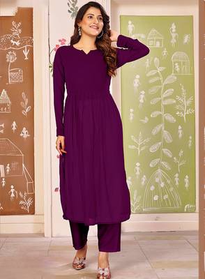 Wine color beautiful solid printed georgette festive long kurta for girls 1