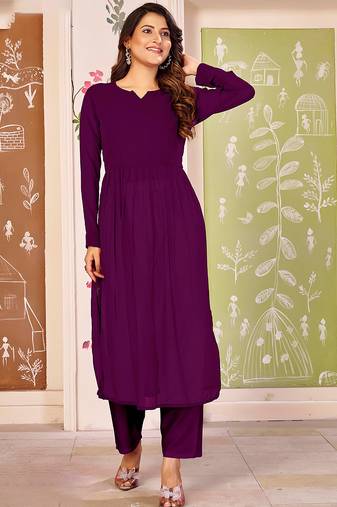 Wine color beautiful solid printed georgette fabric festive long kurta for girls