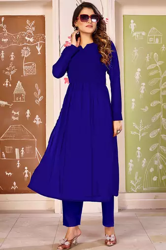 Royal blue color beautiful solid printed georgette fabric festive long kurta for girls