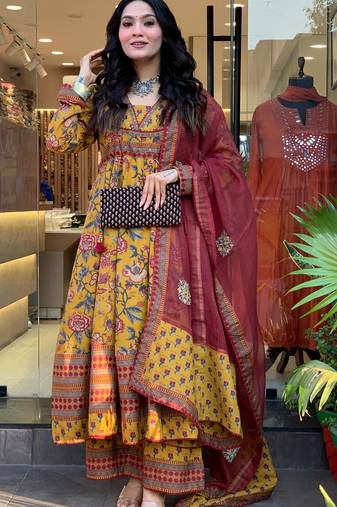 Yellow color beautiful partywear kurta set with dupatta for stylish looks