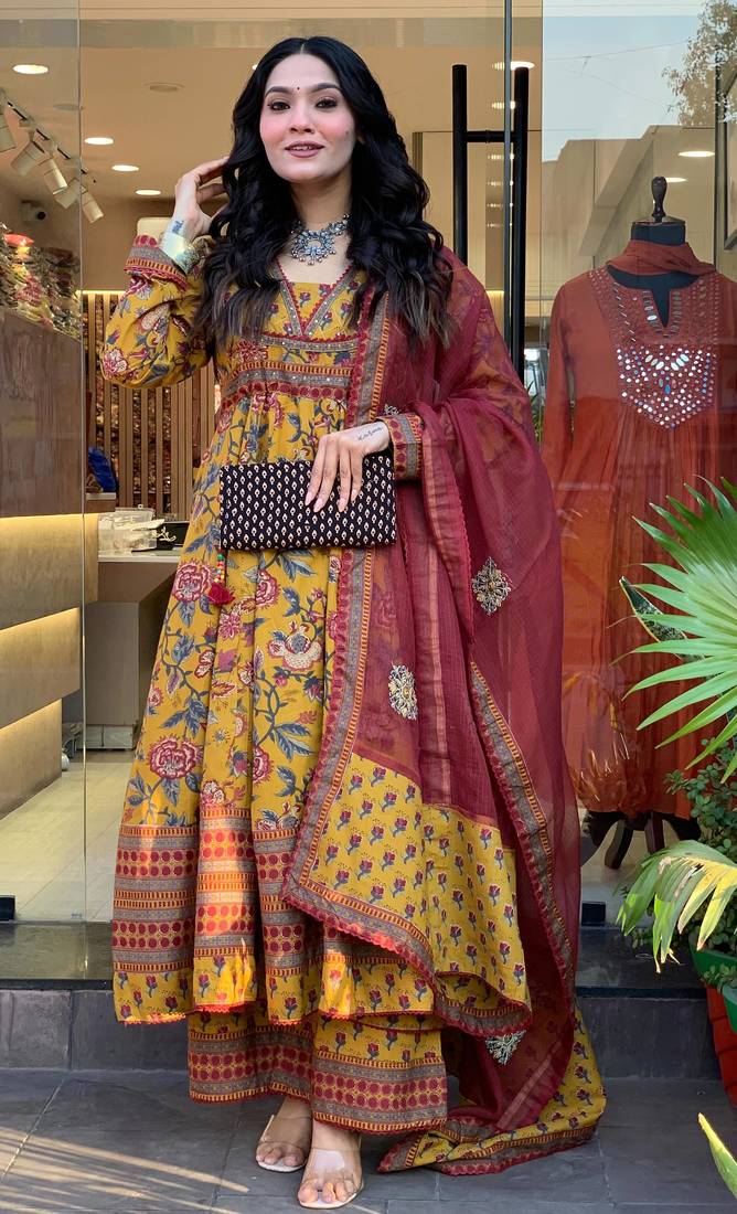 Yellow color beautiful partywear kurta set with dupatta for stylish looks