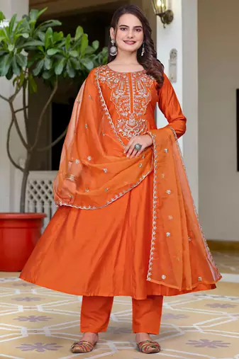 Orange color beautiful partywear kurta set with dupatta for stylish looks