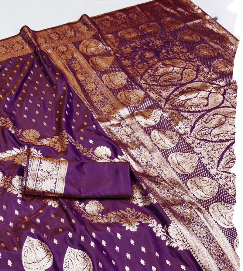 wine zari woven banarasi silk blend saree with rich zari