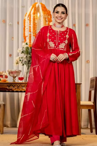 Red color beautiful partywear kurta set with dupatta for stylish looks