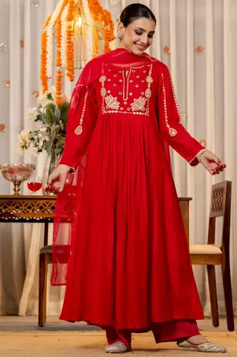 Red color beautiful partywear kurta set with dupatta for stylish looks