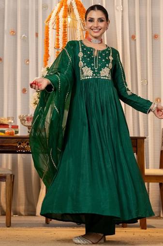 Rama color beautiful partywear kurta set with dupatta for stylish looks