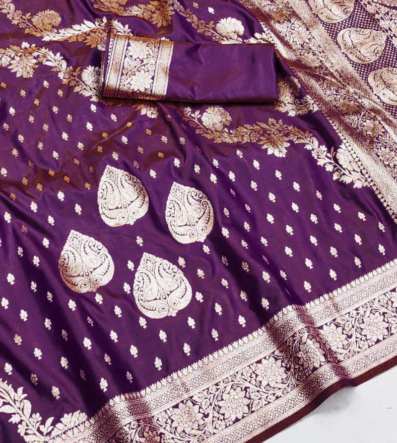 wine zari woven banarasi silk blend saree with rich zari
