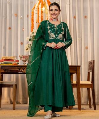 Rama color beautiful partywear kurta set with dupatta for stylish looks 3