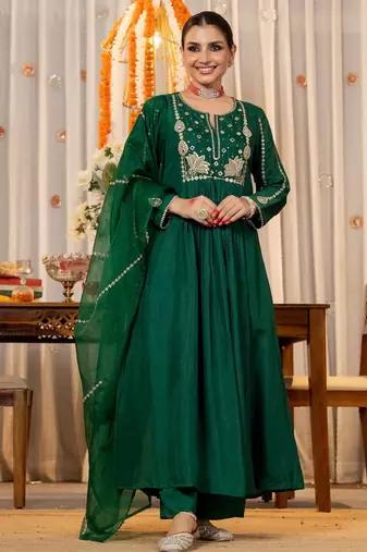 Rama color beautiful partywear kurta set with dupatta for stylish looks