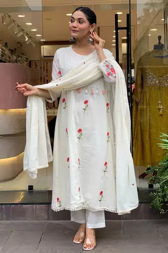 Off white color beautiful partywear kurta set with dupatta for stylish looks