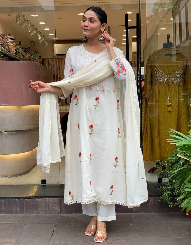 Off white color beautiful partywear kurta set with dupatta for stylish looks
