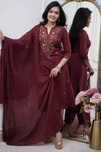 Maroon color beautiful partywear kurta set with dupatta for stylish looks