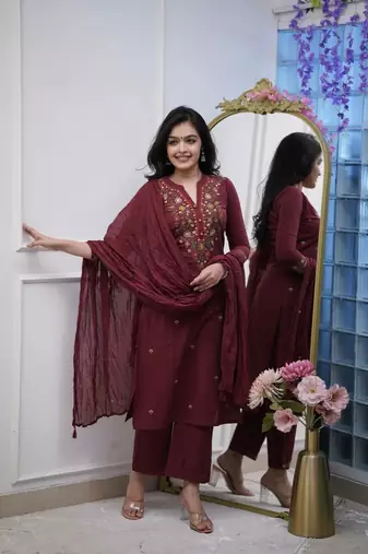 Maroon color beautiful partywear kurta set with dupatta for stylish looks