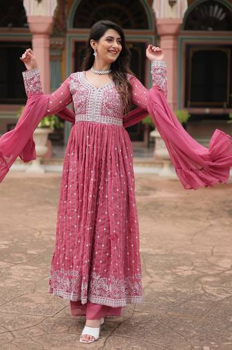 Pink color faux georgette fabric beautiful ceremonial suit with dupatta