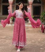 Pink color faux georgette fabric beautiful ceremonial suit with dupatta