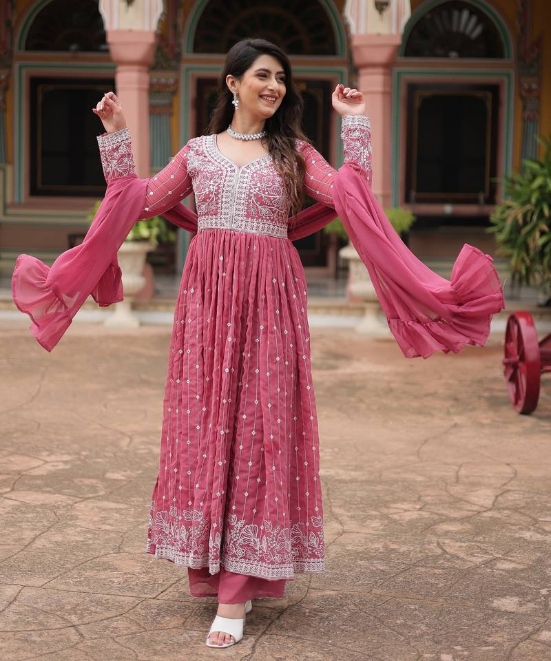 Pink color faux georgette fabric beautiful ceremonial suit with dupatta