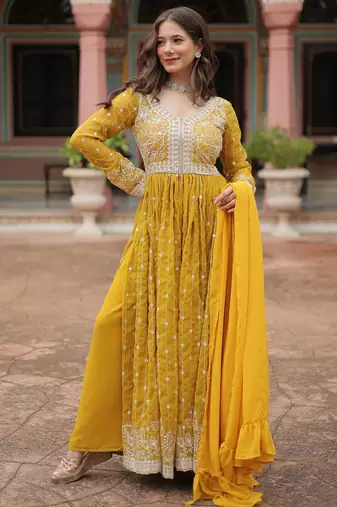 Yellow color faux georgette fabric beautiful ceremonial suit with dupatta