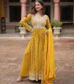 Yellow color faux georgette fabric beautiful ceremonial suit with dupatta