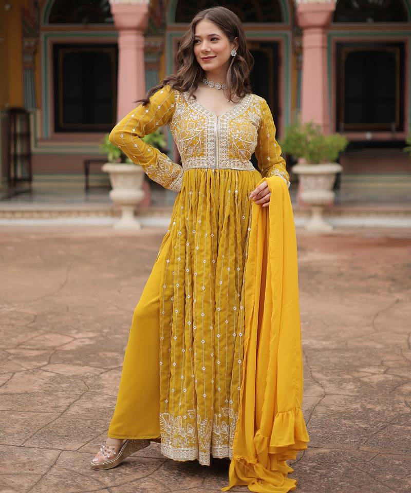 Yellow color faux georgette fabric beautiful ceremonial suit with dupatta