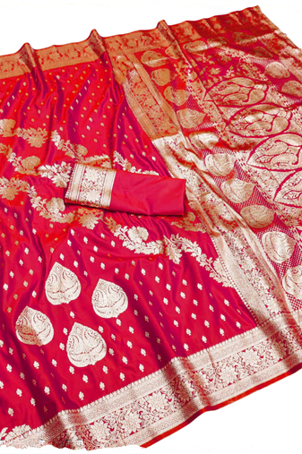 rani pink zari woven silk blend saree with rich zari