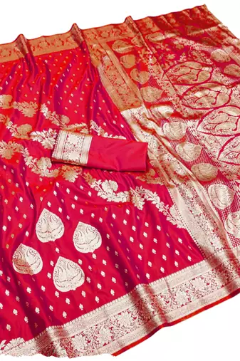 rani pink zari woven banarasi silk blend saree with rich zari
