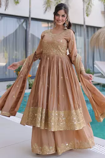 Chiku color super silk fabric beautiful ceremonial suit with dupatta